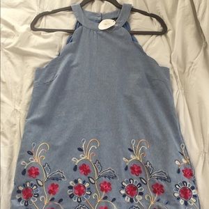 Embroidered Scalloped Chambray Halter Dress